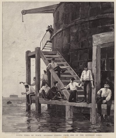 ハンプシャー州スピットヘッドの砦の一つで釣りをするイギリス兵（リトグラフ 作： Henry Charles Seppings Wright