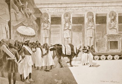 Cambysesは「ハチソンの国家の歴史」、c.1910からのイラスト、神聖な雄牛を殺します 作： Henry Charles Seppings Wright