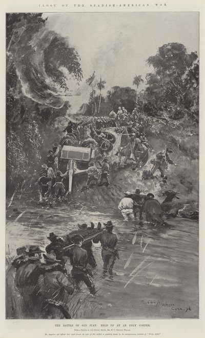 スペインとアメリカの戦争、サンファンの戦いの終わりが醜い角で開催されました 作： Henry Charles Seppings Wright