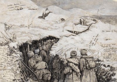 ガリシア、1916年3月13日、雪に覆われた丘のロシア軍（紙にインクとガッシュ） 作： Henry Charles Seppings Wright