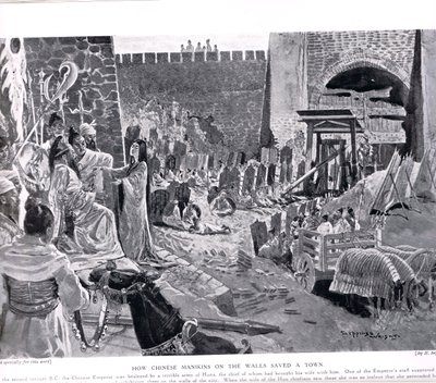 壁に中国人のマニンキンがどのように町を救うか、「ハチソン国の歴史」、1920年頃のイラスト 作： Henry Charles Seppings Wright
