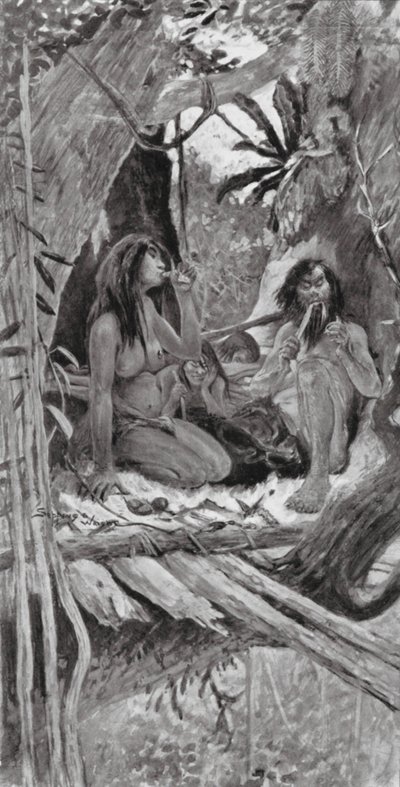 先史時代の中国の樹上生活者（リトグラフ） 作： Henry Charles Seppings Wright