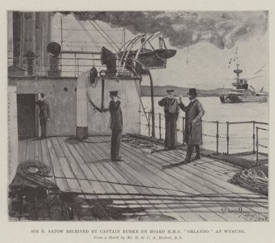 E SatowがWusungのHMS OrlandoボードでBurke船長によって受け取られました 作： Henry Charles Seppings Wright