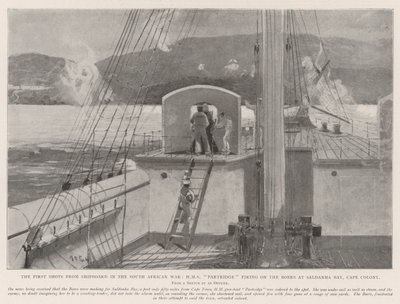 南アフリカ戦争における船からの最初のショット、ケープコロニーのサルダーニャ湾のボーアーズで発砲したHMSパートリッジ 作： Henry Charles Seppings Wright