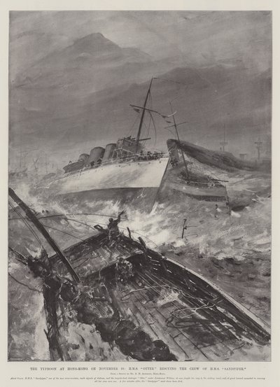 11月10日、香港での台風、HMSオッターがHMSサンドパイパーの乗組員を救助 作： Henry Charles Seppings Wright