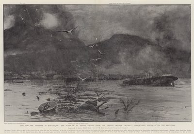マルティニーク島の火山災害、フランスの巡洋艦スケットから見た聖ピエールの遺跡、噴火から48時間 作： Henry Charles Seppings Wright