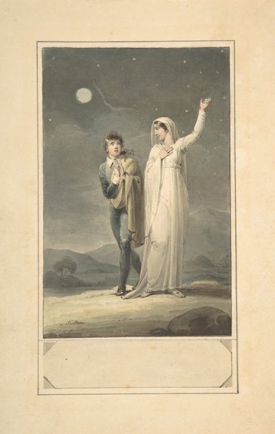 彫刻された挿絵用の 2 人の人物が描かれた夜の風景、1807 年から 44 年。 作： Henry Corbould