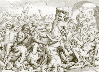 ヘレワードはいかにしてボーンからフランス人を排除したか（エングレーヴィング） 作： Henry Courtney (after) Selous