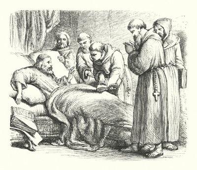 死の床に就くウィクリフ（版画 作： Henry Courtney (after) Selous