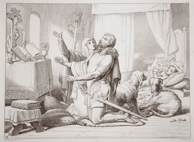 TorfridaがHerewardに祈りを教える方法。 1870年、CGルイスによる彫刻（鋼板の彫刻） 作： Henry Courtney Selous