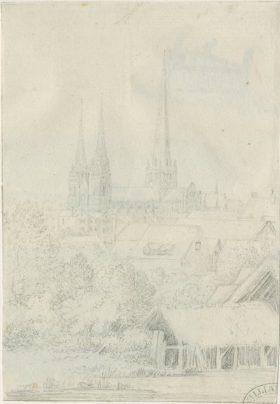 リッチフィールド大聖堂-南西ビュー：鉛筆画、nd [？1788-1855]（図面） 作： Henry Curzon Allport