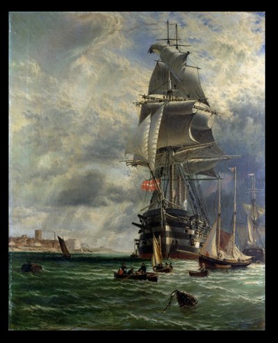 1868年、ポーツマスのハスラークリークへの入り口を離れた彼女の係留所にあるHMSセントビンセント 作： Henry Dawson