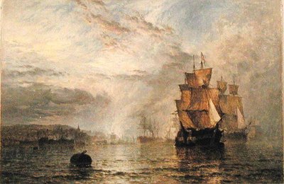 夕方の河口に沈んだ船 作： Henry Dawson