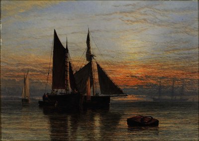 夕暮れの穏やかな海を行く船旅 作： Henry Dawson