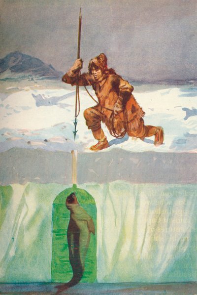 アザラシの呼吸孔に槍を刺そうとするエスキモー」1927年頃、1928年頃 作： Henry Evison