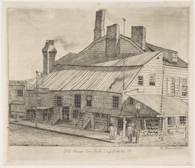 オールドハウス、ペックスリップのコーナー、オールドニューヨークのシーンからのウォーターストリート、1870年。 作： Henry Farrer