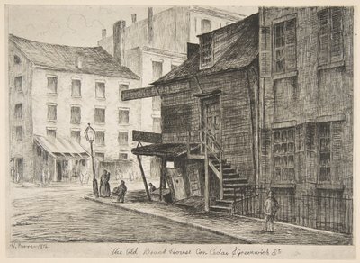 オールドビーチハウス、シーダーとグリニッジストリートの角、オールドニューヨークの風景、1874年。 作： Henry Farrer