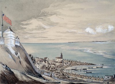マキナウの砦と村、1842年9月、インドの野営地（紙にトイレ） 作： Henry Francis Ainslie