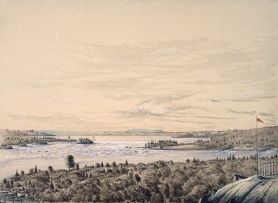 Sault de Ste。ヒューロン湖とスペリオル湖の間のマリー、1842年（紙にトイレ） 作： Henry Francis Ainslie