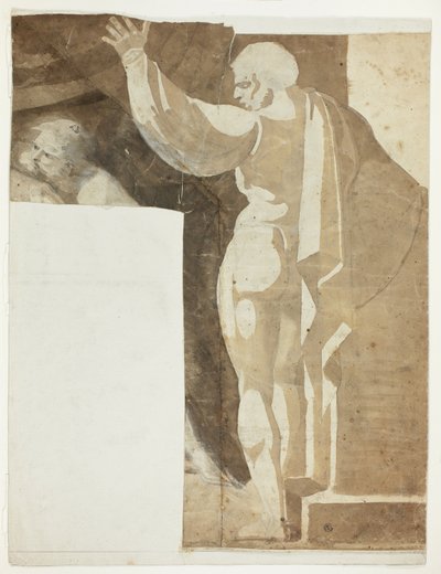 後ろから見た左腕を上げた男性像と老人の断片 作： Johann Heinrich Füssli
