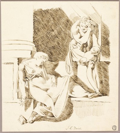 棚の上で眠っている女性を見て座っている吟遊詩人 作： Johann Heinrich Füssli