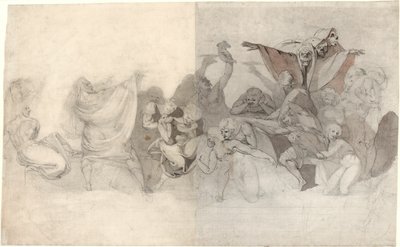 死の勝利: 魔術師または邪悪な悪魔によって編成されたバカナルに侵入する 3 つのスケルトン 作： Johann Heinrich Füssli