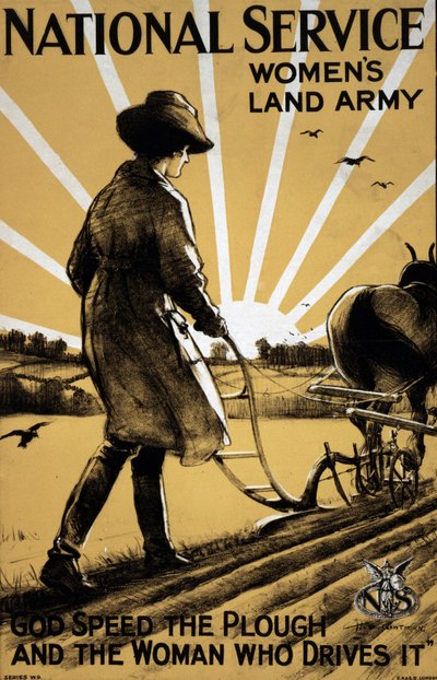 第一次世界大戦。"A Young Woman Ploughing the Land" 女性陸軍のプロパガンダポスター 1917年 イラストレーション：Henry George Gawthorn（1879-1941） DR 作： Henry George Gawthorn