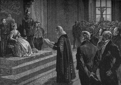 クリミア戦争の前夜、1891年に女王に愛国的な演説を行った仲間と庶民 作： Henry Gillard Glindoni