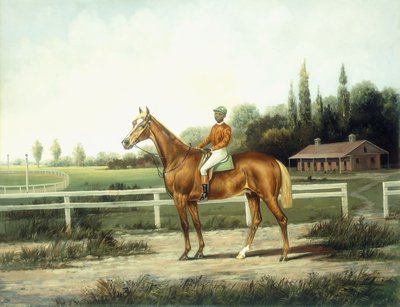 馬小屋の向こうに馬小屋のあるトレーニングトラックにジョッキーを乗せた栗の競走馬 作： Henry H. Cross