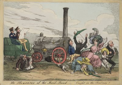 鉄道の快楽-鉄道に巻き込まれた！、c.1840（手塗りのエッチング） 作： Henry Heath