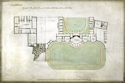 ブライトヘルムストーン（ブライトン・パビリオン） - 建築家ヘンリー・ホランド（1745-1806）による増築部分を示す、家と厩舎、敷地の全体図、1801年頃（紙に水彩画 作： Henry Holland