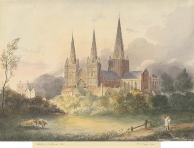 リッチフィールド大聖堂-ウェストビュー：水彩画、1844 作： Henry James Noyes