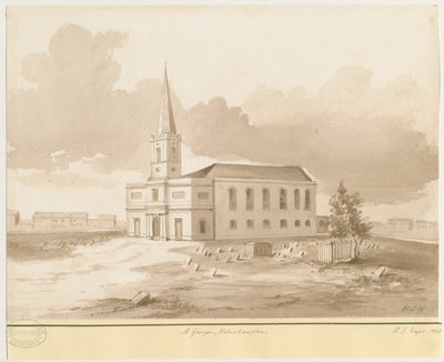 ウォルバーハンプトン-聖ジョージ教会：セピア色のウォッシュの描画、1844 作： Henry James Noyes