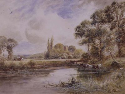 草原と牛が飲んでいる風景（水彩・紙） 作： Henry John Kinnaird