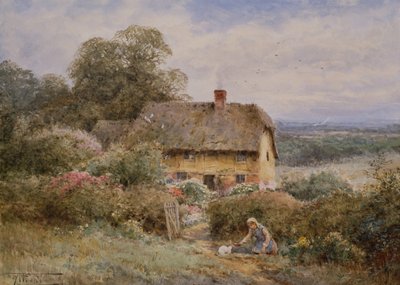 絵のように美しいコテージ、ウォリックシャー (鉛筆と水彩) 作： Henry John Sylvester Stannard