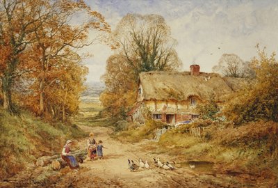 樹木が茂った小道のコテージの横でアヒルに餌をやる子供たち 作： Henry John Sylvester Stannard