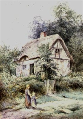 わらぶき小屋のそばにいる二人の女の子と子猫 作： Henry John Sylvester Stannard