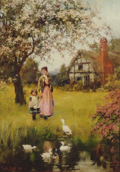 アヒルを見ている母と子 作： Henry John Yeend King
