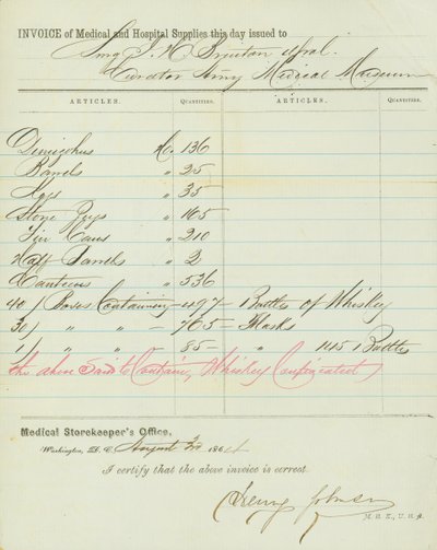 1864年8月30日、ヘンリー・ジョンソンの署名入り、医療・病院用品の請求書 作： Henry Johnson