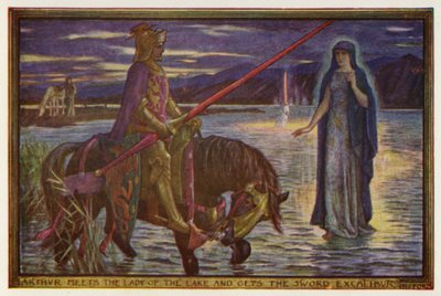 アーサーは湖の乙女と出会い、ソードエクスカリバーを手に入れる（カラーリソ） 作： Henry Justice Ford