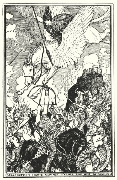 ミリーナとアマゾンズと戦うベレロフォン（リトグラフ 作： Henry Justice Ford