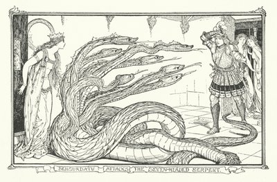 ベンスルダトゥ、七つの頭を持つ大蛇を襲う（彫刻 作： Henry Justice Ford