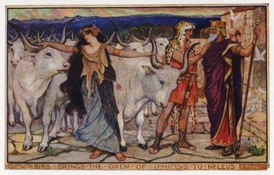 ビアスがイフィクラスの牛をネレウスに連れて行く（カラーリトグラフ 作： Henry Justice Ford
