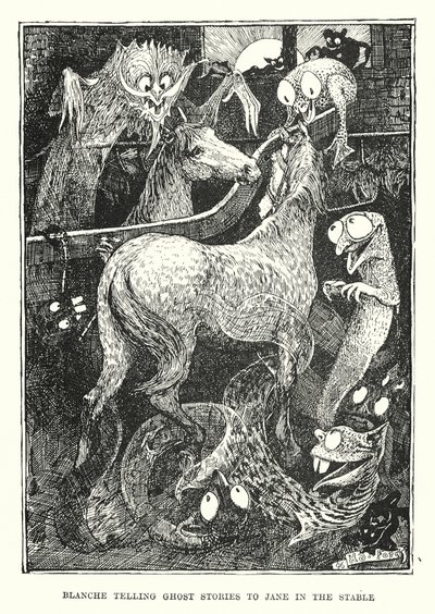 馬小屋でジェーンに怪談話をするブランシュ（エングレーヴィング） 作： Henry Justice Ford