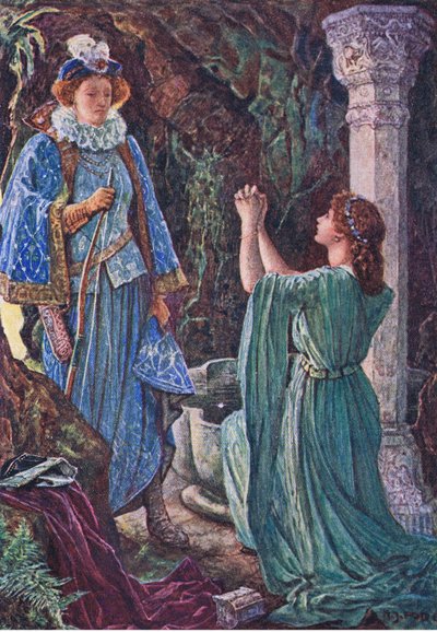 エリザベスとエイミーが洞窟で出会う、ケニルワースのイラスト、1910年頃 作： Henry Justice Ford