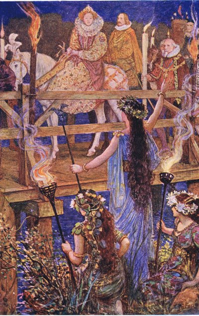 エリザベスは浮島の女性に歓迎されました。イラストはケニルワース、1910年頃 作： Henry Justice Ford