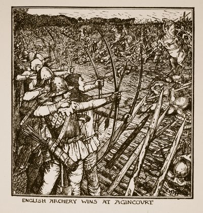 1911年にCRLフレッチャーとラドヤードキプリングによる「イングランドの歴史」のイラストを使用したイギリスのアーチェリーがアギンコートで勝利 作： Henry Justice Ford