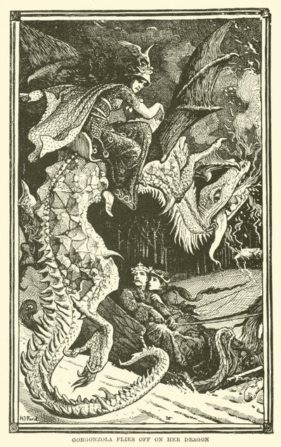 ゴルゴンゾーラがドラゴンに乗って飛んでいく（彫刻 作： Henry Justice Ford