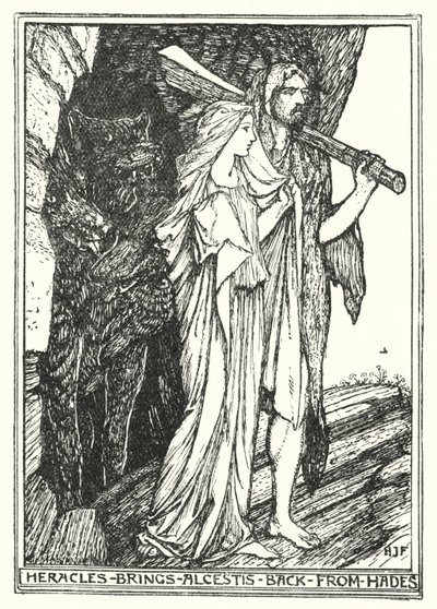 ヘラクレスがアルケスティスを黄泉の国から連れ戻す（リトグラフ 作： Henry Justice Ford