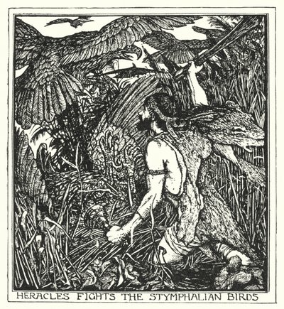 スティムファリアンの鳥と戦うヘラクレス（リトグラフ 作： Henry Justice Ford